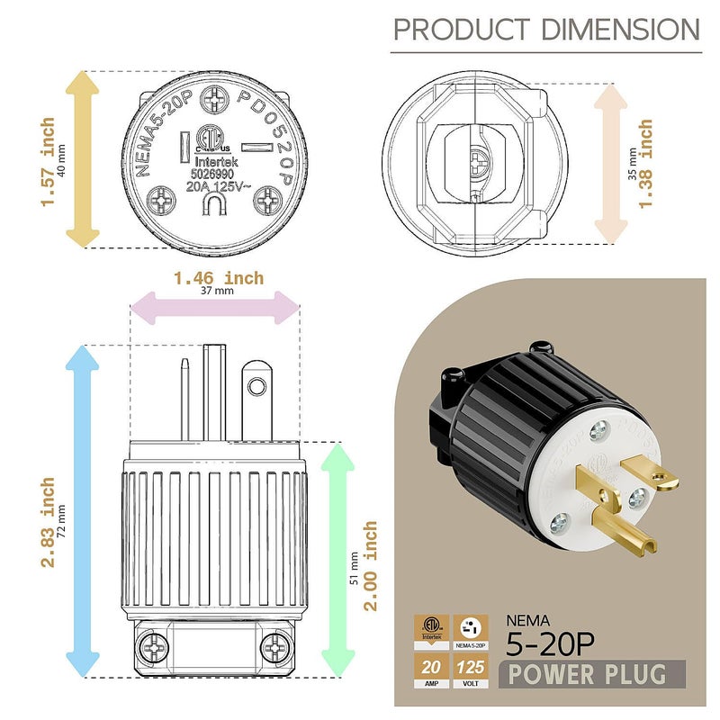 acbroad USA 3-Prong Male AC Plug, ETL Nema 5-20P 3 Pole Straight T- Blade DIY Rewirable, 20A 125V USA 3Pin AC Connector, Nema 5-20 Male US 3Pole Power Plug, Black - Image 5